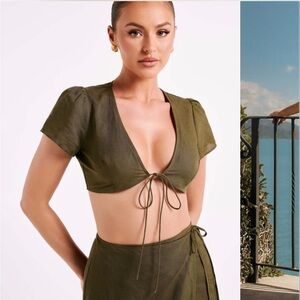 Meshki Fatima Linen Khaki Front Tie Crop Top